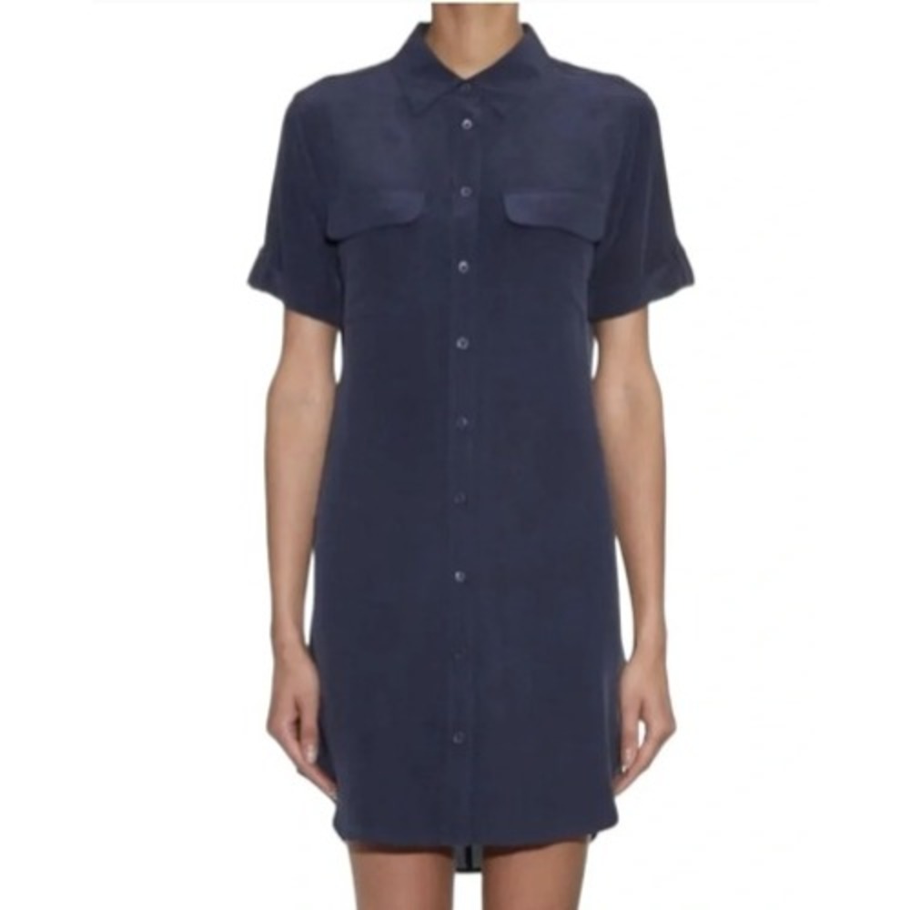 Equipment Femme 100% Silk Shirt Dress Women M Navy Blue Short Sleeve Minimalist